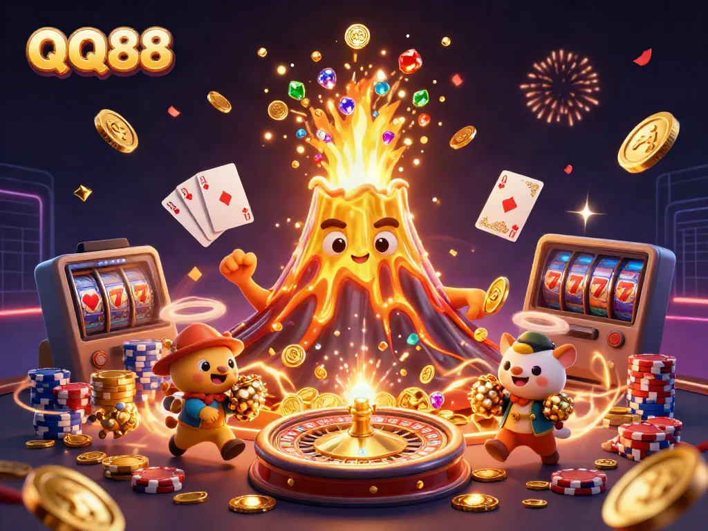 Experience the thrill of QQ88 with golden eruptions of coins and gems in a vibrant 3D casino scene.