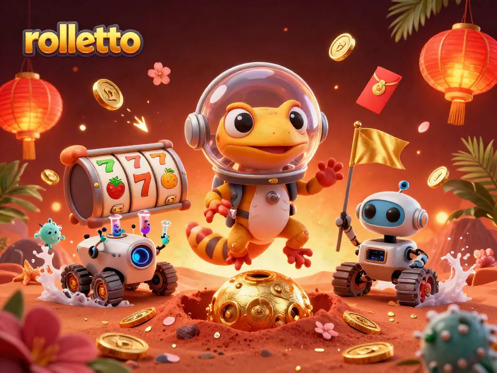 Experience rolletto thrills at a Martian casino with a bubbling gecko, lucky symbols, and vibrant visuals.