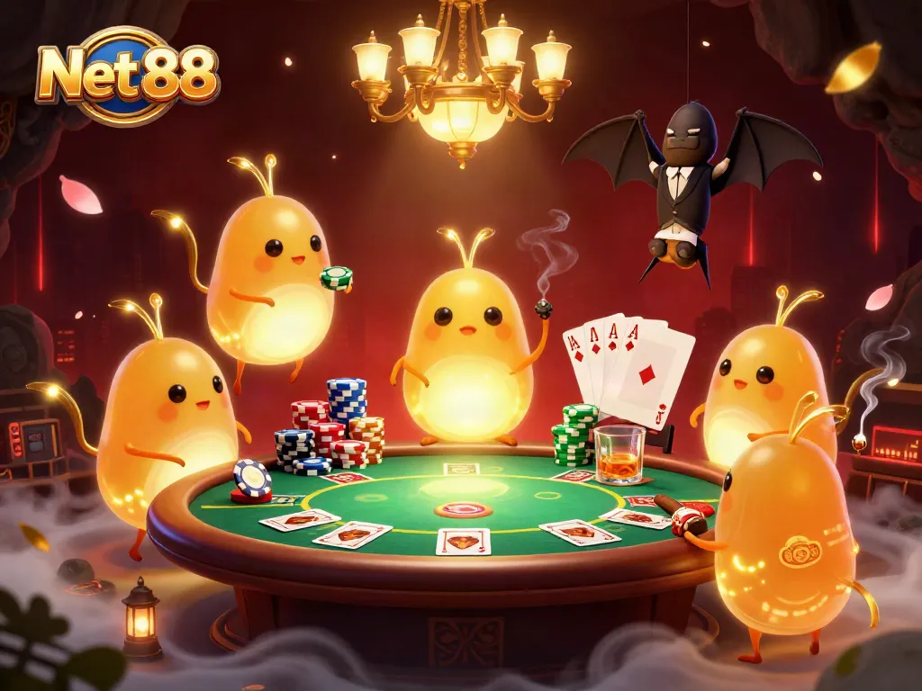 Enjoy thrilling gameplay at Net 88 as glowworms illuminate a vibrant cave casino scene.