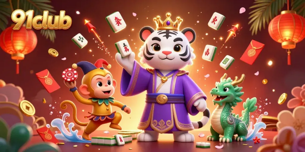 Engage with 91club in a vibrant casino scene featuring a tiger, monkey, and jade dragon.