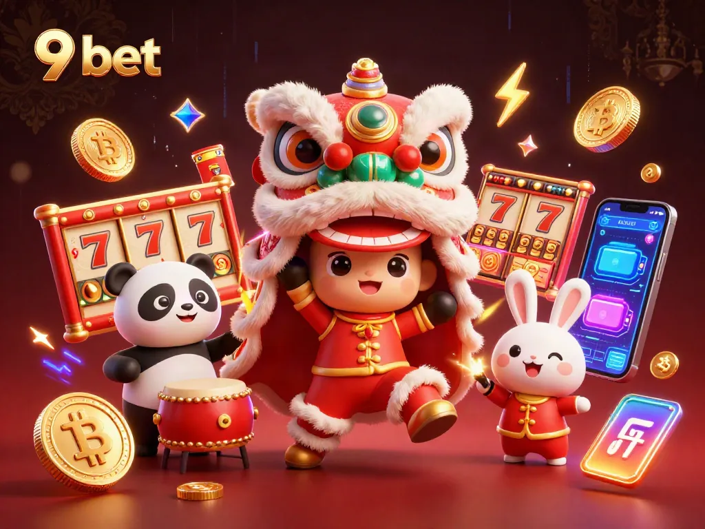 Experience exciting 9 bet gaming with a lively lion dance and vibrant casino elements in a dynamic scene.