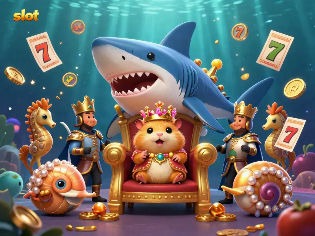 Experience the excitement of slot games with a golden hamster king in a vibrant underwater casino scene.