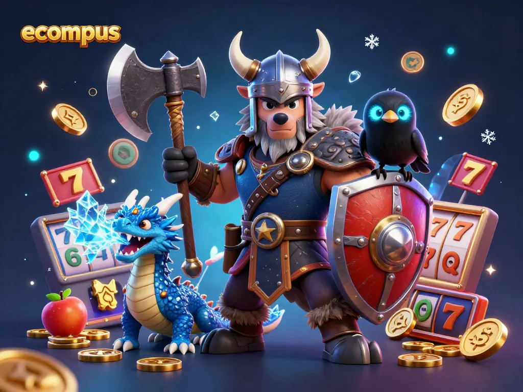 Engage with ecompus casino gaming featuring a Viking wolf warrior, fierce dragon, and vibrant slot machine action.
