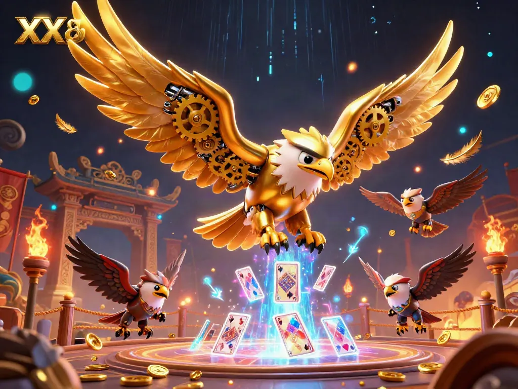 Experience the thrill at XX88 with a dynamic illustration showcasing a golden eagle amidst holographic cards and vibrant casino elements.