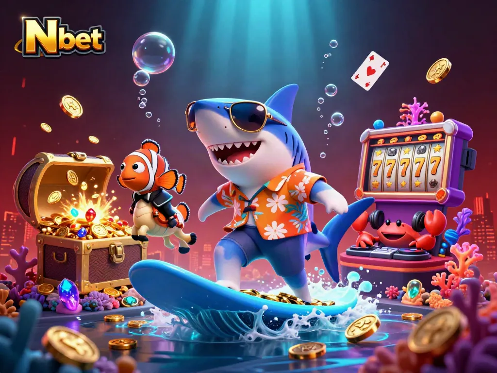 N bet showcases a shark surfing on gold coins surrounded by lively underwater casino elements, enhancing excitement.