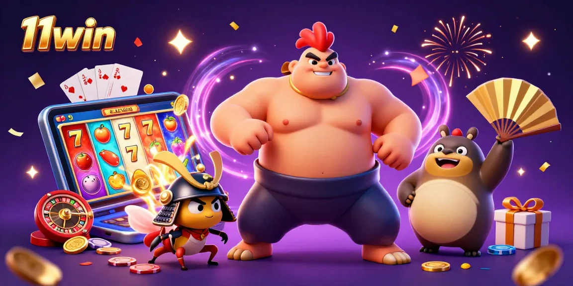 Experience exciting slots action with 11win, featuring a powerful sumo rooster and thrilling game elements.