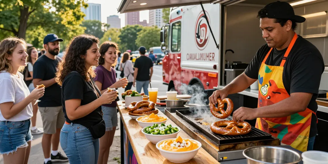 Indulging in the best pretzel with cheese dip near me at a lively food truck, showcasing golden pretzels and warm cheese.