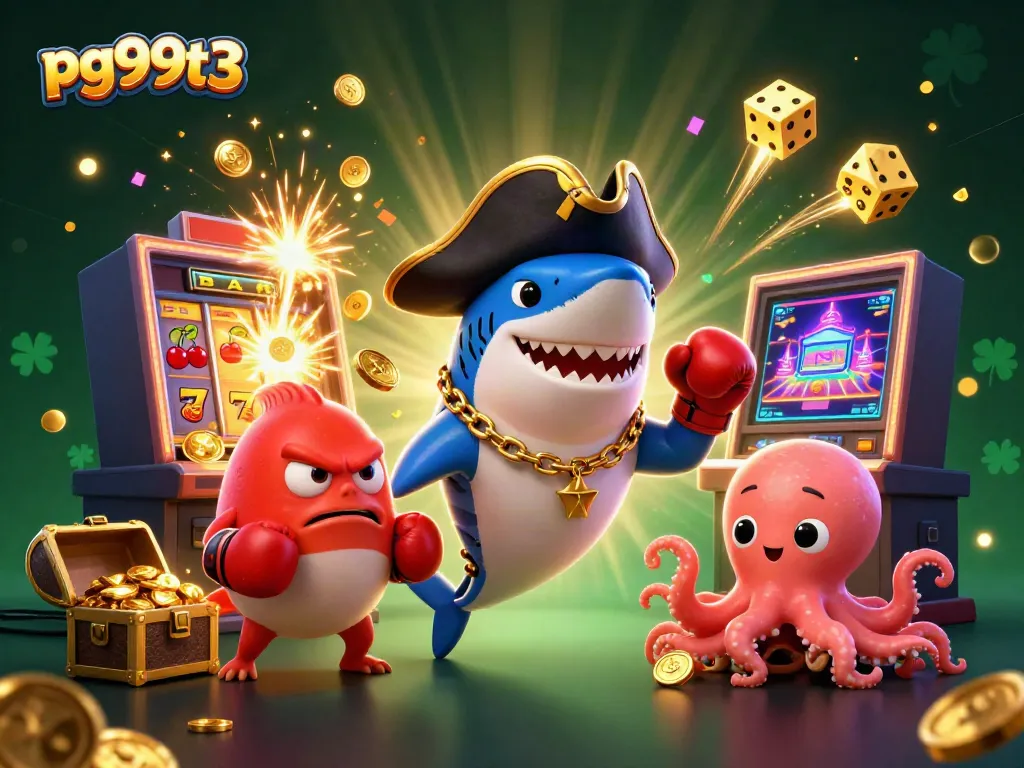 Spin to win at pg99t3, where a playful pirate shark, pufferfish, and octopus celebrate casino jackpots.