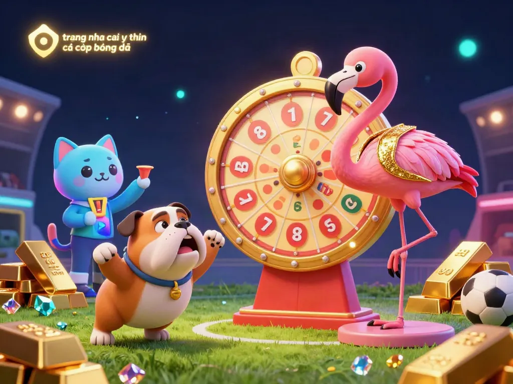 Engaging scene showcasing "trang nha cai uy tin cá cược bóng đá" with a flamingo host and bulldog contestant in a vibrant sports betting setting.