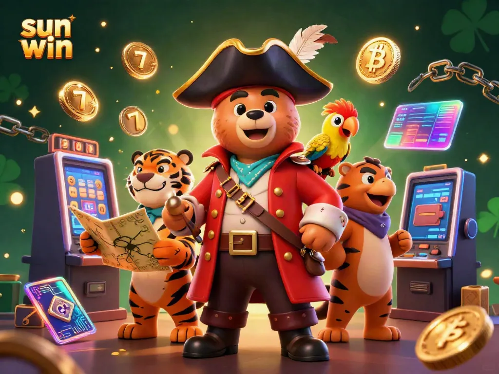Experience sun win with vibrant slot machines and 3D cartoon characters in an exciting casino scene.