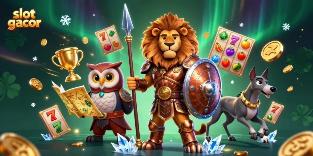 Experience thrilling slot gacor action with vibrant characters and casino elements in a dynamic illustration.