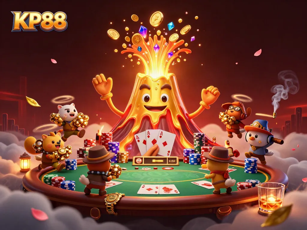 KP88 showcases a triumphant golden volcano amidst a poker scene rich with treasure and excitement.