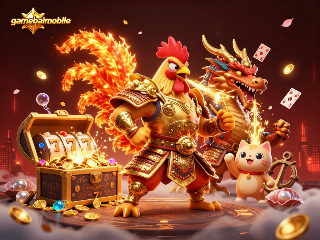Experience thrilling gameplay at gamebaimobile with a 3D fighting rooster warrior amidst vibrant casino elements.