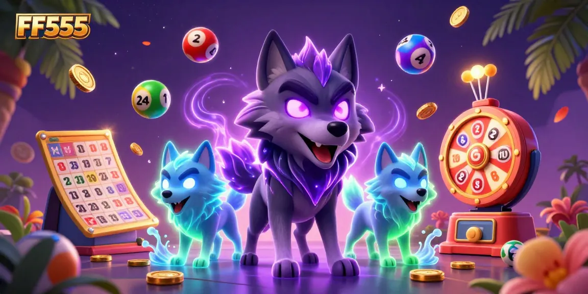 Experience the vibrant energy of FF555 with dynamic lottery elements and ghostly wolves.