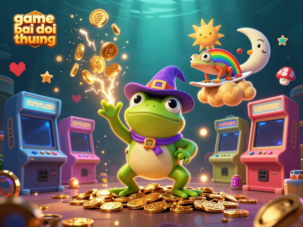 Game bai doi thuong illustrated with wizard frog and chameleon creating golden coins surge.