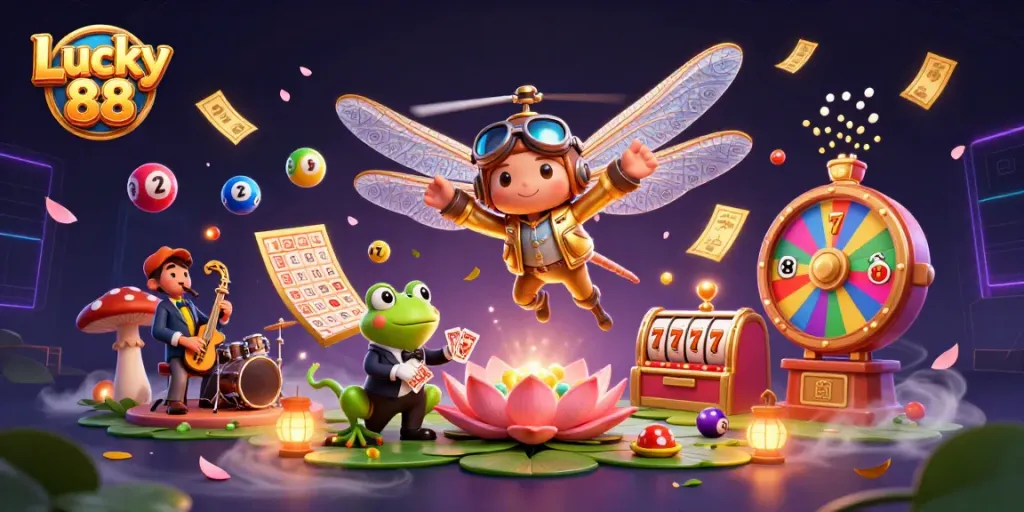 Experience the thrill of Lucky 88 with a vibrant 3D casino scene featuring dragonfly pilots and jazz, bringing excitement and joy.
