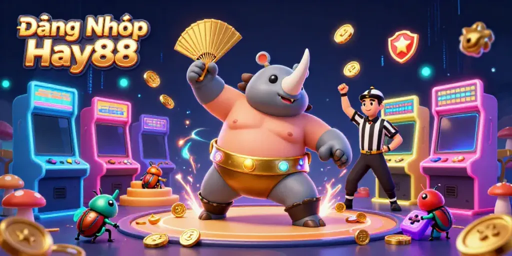 Engage with Đăng Nhập Hay88 through an exciting 3D gameplay scene featuring vibrant gaming elements and characters.