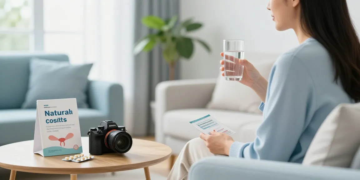 Le guide du confort urinaire : femme relaxée avec des suppléments naturels et des ressources éducatives sur la cystite.