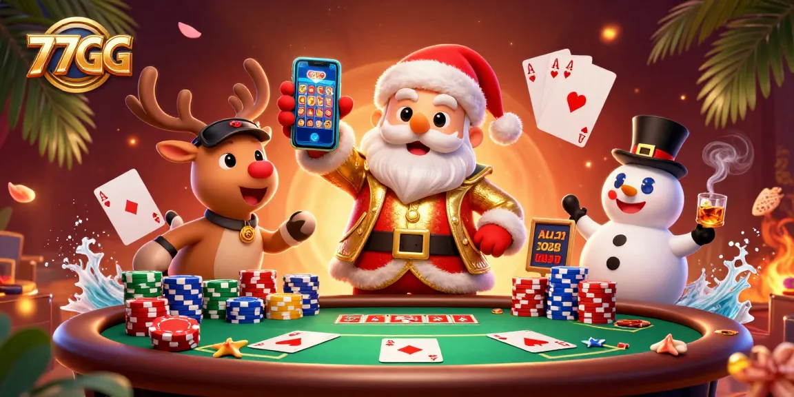 Experience thrilling gaming at 77GG with Santa celebrating jackpots in a colorful casino scene.