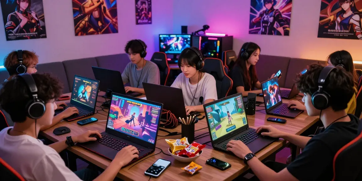Players joyfully engaged in a hentai game online on diverse devices in a vibrant gaming lounge setting.