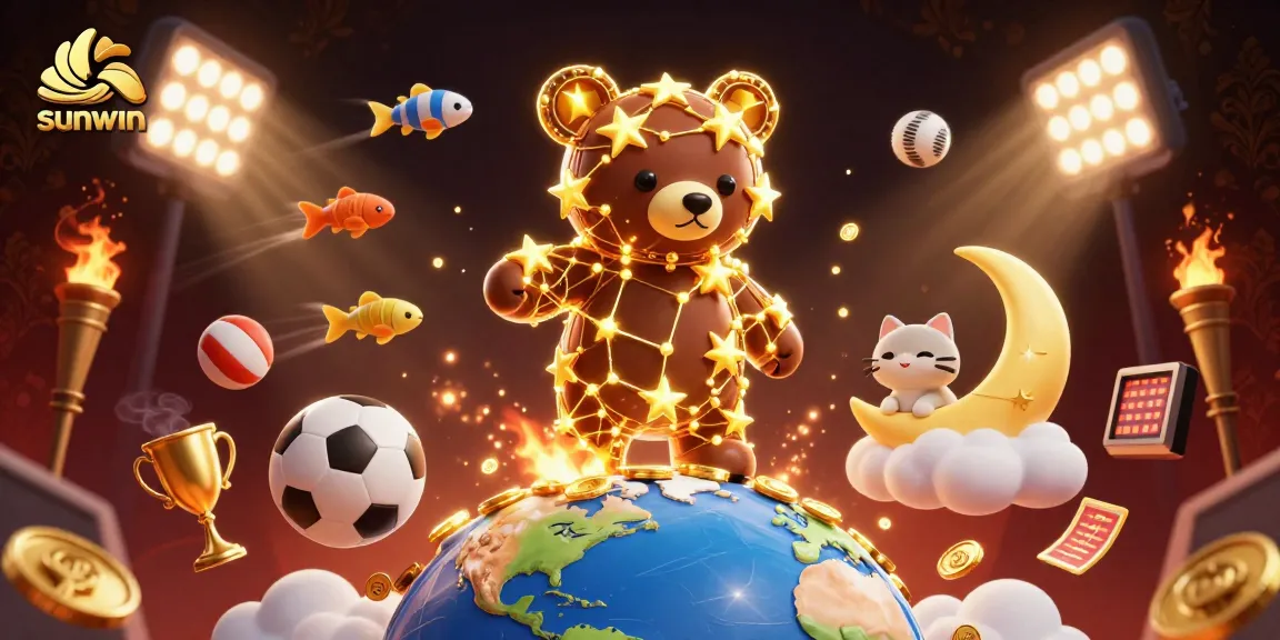 Capture sunwin gaming excitement with constellation bear and dynamic sports elements in a vibrant casino scene.