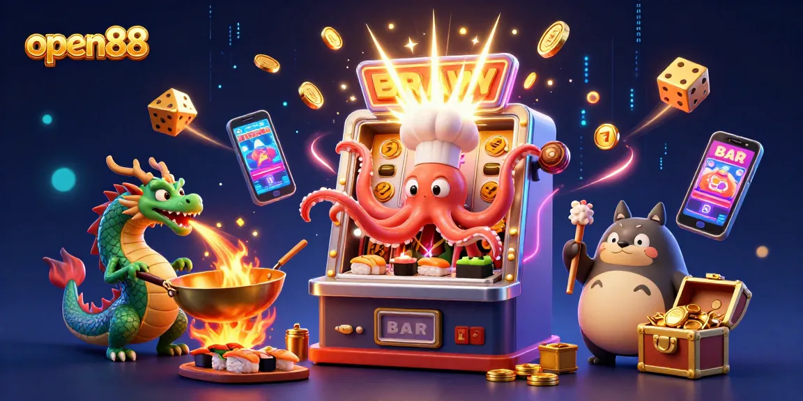Experience open88's vibrant jackpot excitement with a lively sushi chef octopus and dragon in action.