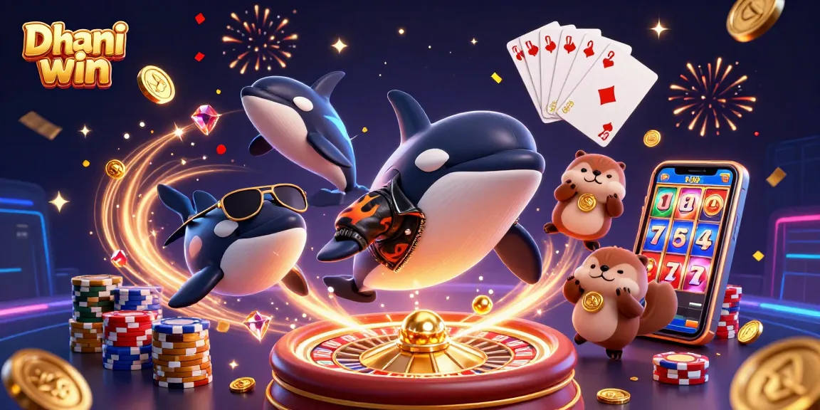 Dhani win ignites excitement with a 3D scene of animated characters celebrating casino wins amidst cascading coins and vibrant lights.