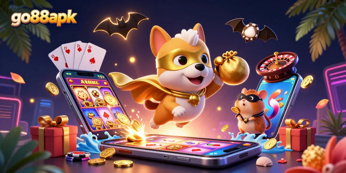 Maximize your wins with go88apk in a vibrant casino scene featuring cartoon characters and gaming elements.