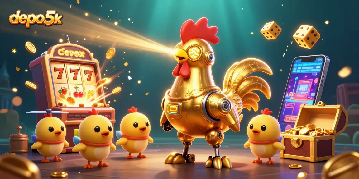 Experience thrilling wins at depo 5k with a vibrant scene featuring slot machines and golden elements.