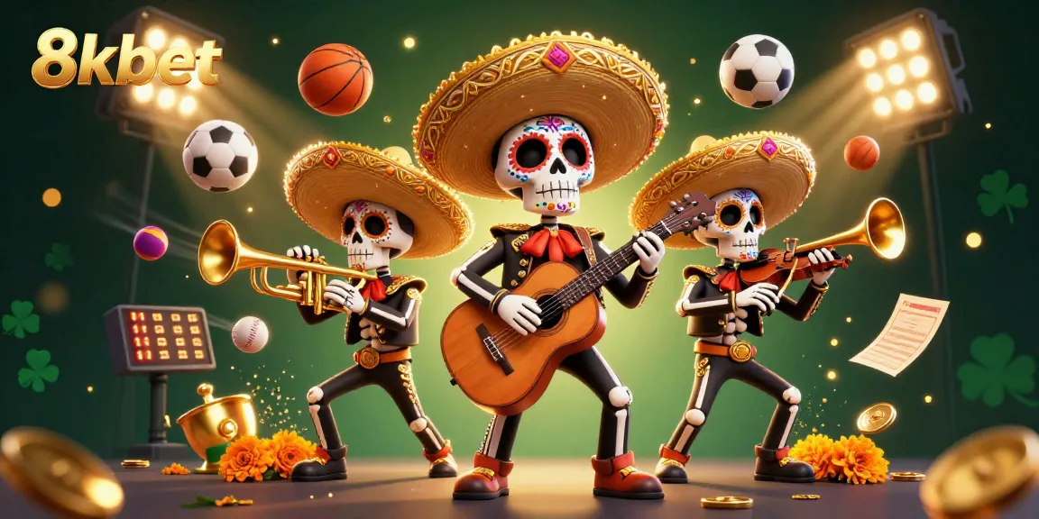 Experience thrilling action with 8xbet as colorful skeleton mariachi players celebrate in a dynamic casino scene.