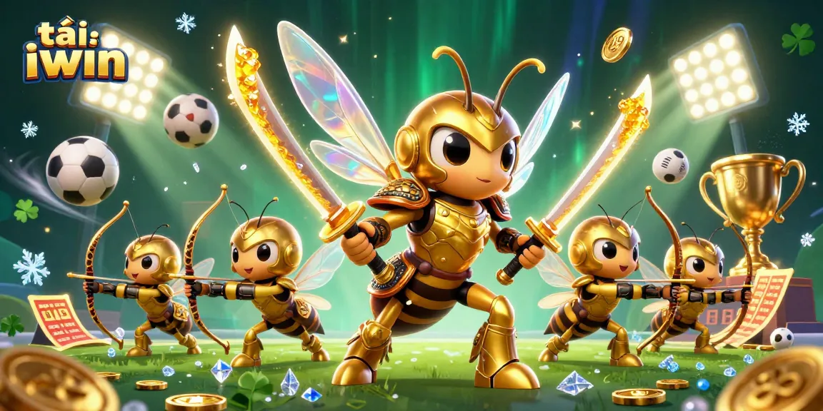 Play tải iwin with dynamic gaming excitement featuring a golden hornet and sports elements.
