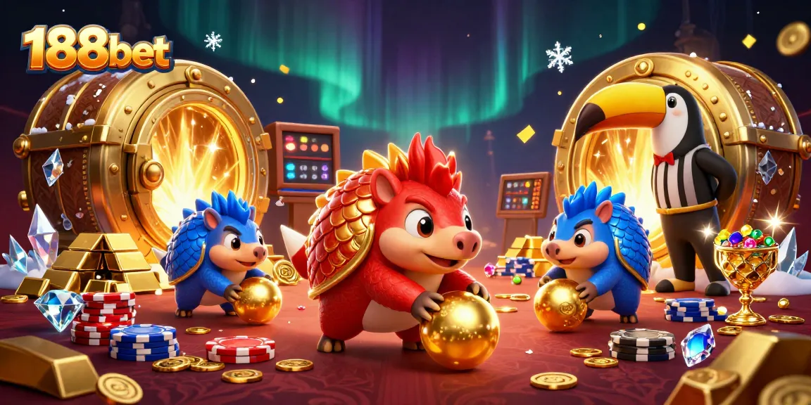 Experience the excitement of 188bet with animated pangolins bowling through poker chips and treasure!