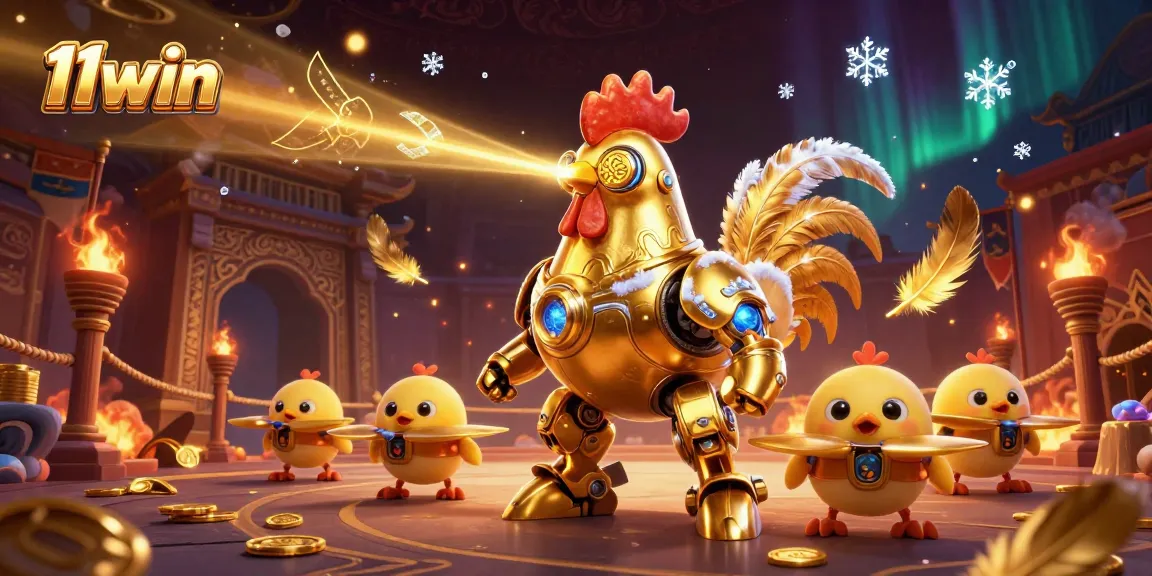 Experience thrilling gaming with 11win's laser-shooting rooster robot in a vibrant casino scene.