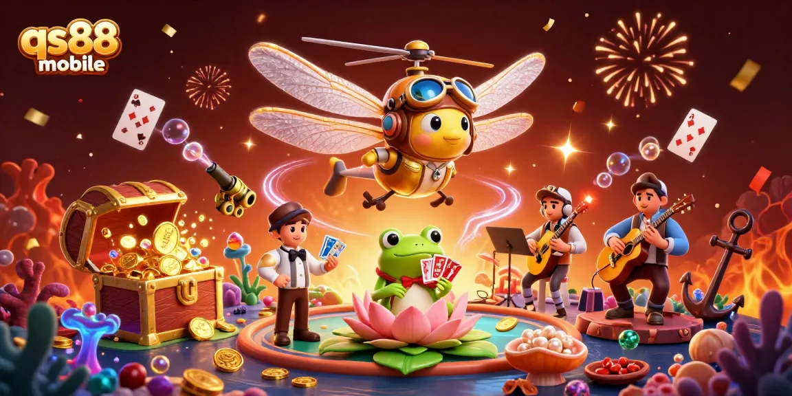 Engage in thrilling games at qs88 mobile featuring cartoon characters in a lively casino scene.