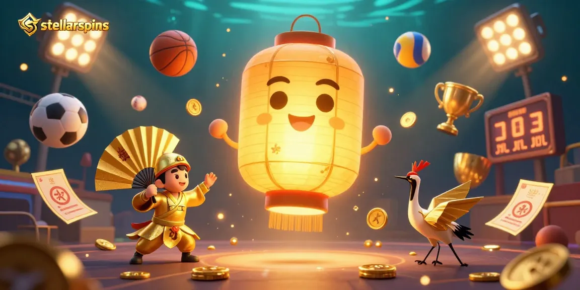 Experience thrilling gaming at stellarspins with vibrant 3D casino illustration showcasing sports elements and golden symbols.