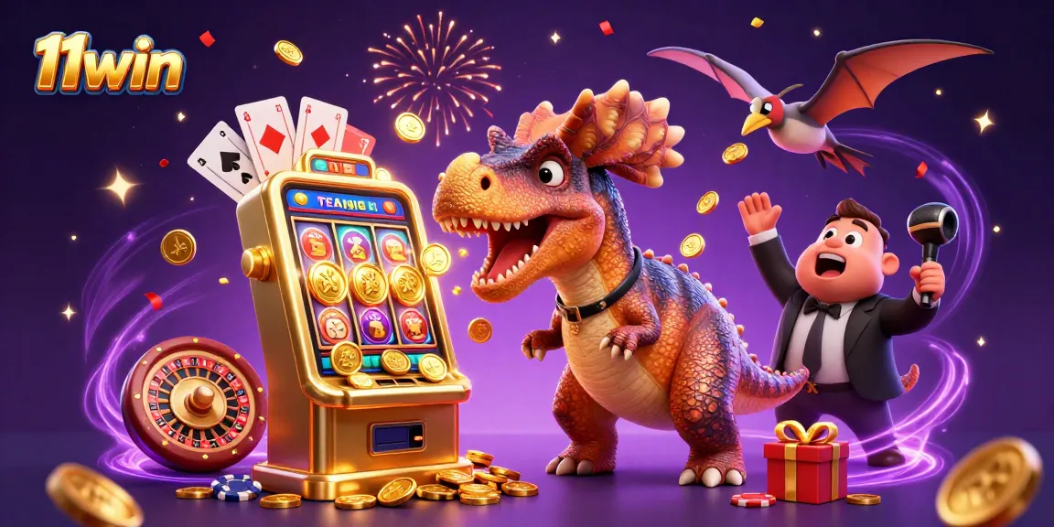 11win casino scene with pachycephalosaurus winning jackpot coins at golden slot machine.
