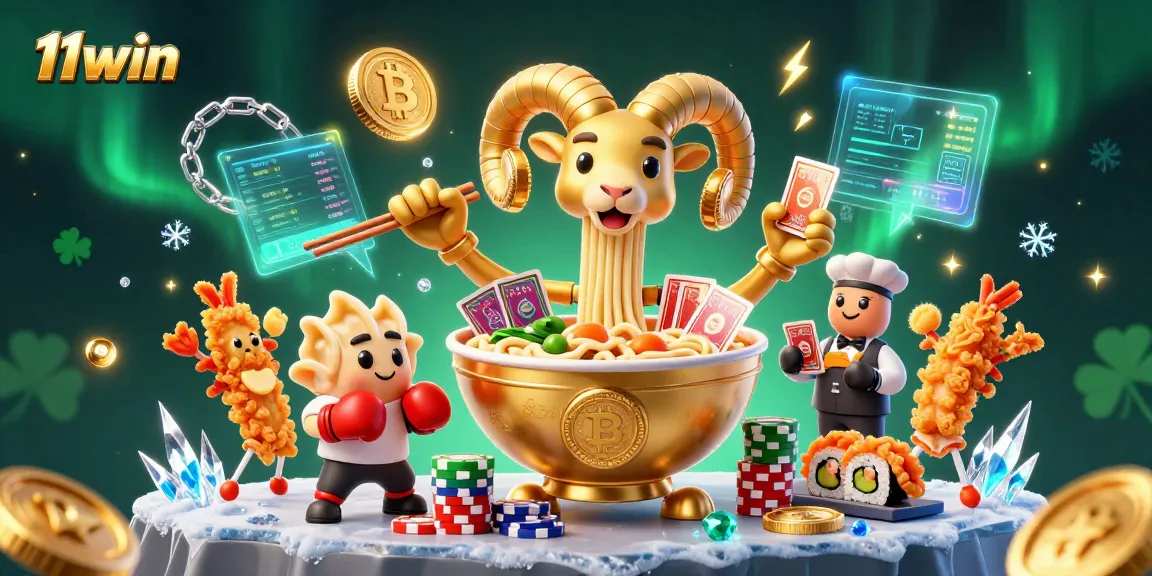 Engage with 11win's vibrant casino scene featuring animated ramen bowl characters and neon crypto elements.
