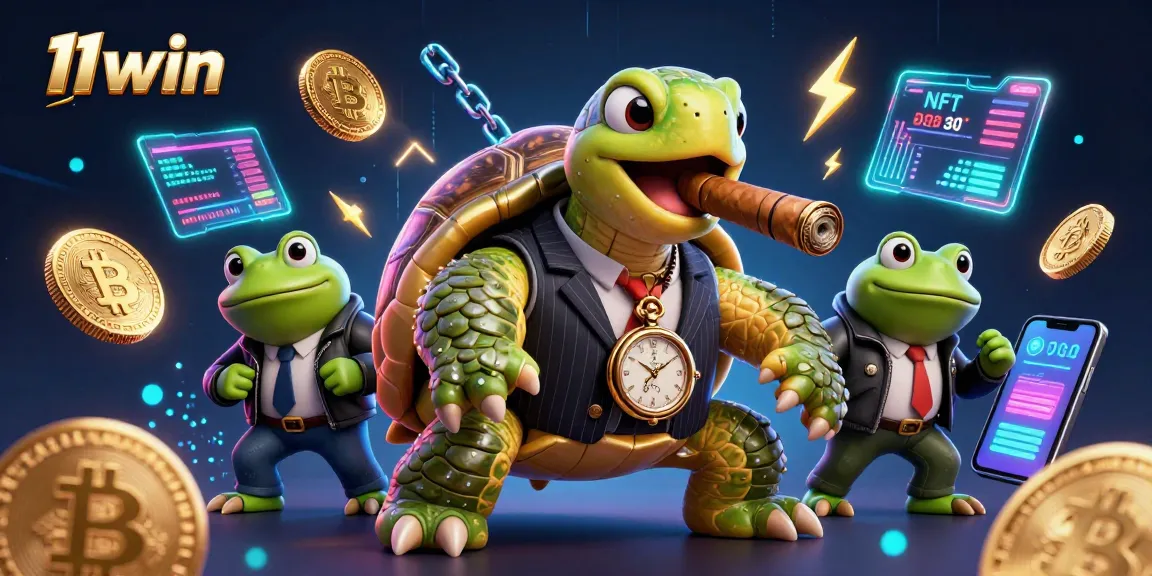 Experience the excitement of 11win with a vibrant casino scene featuring a mobster turtle and crypto elements.