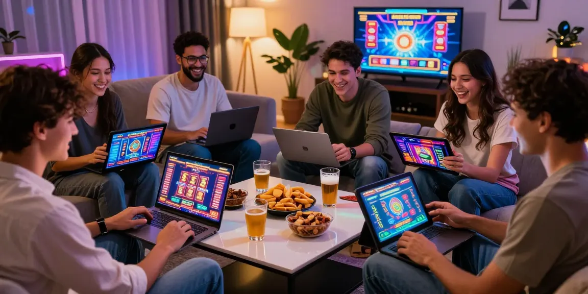 Friends enjoying gaming night at home exploring the best online casinos with vibrant screens, snacks, and laughter.