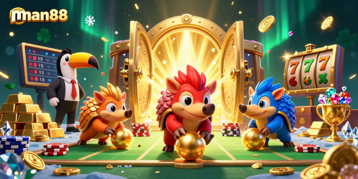 Experience dynamic gameplay with man88 featuring rival pangolins in an exciting poker-themed scene.