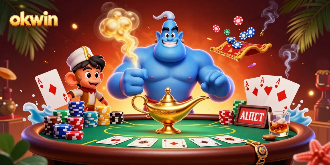 Experience thrilling fun with okwin in an illustration of poker, a genie, and game elements.