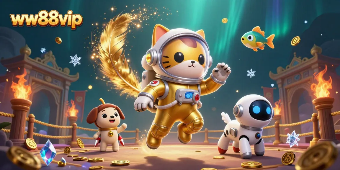 Engage in exciting games with ww88vip, featuring an astronaut cat and a robot dog in a vibrant casino scene.
