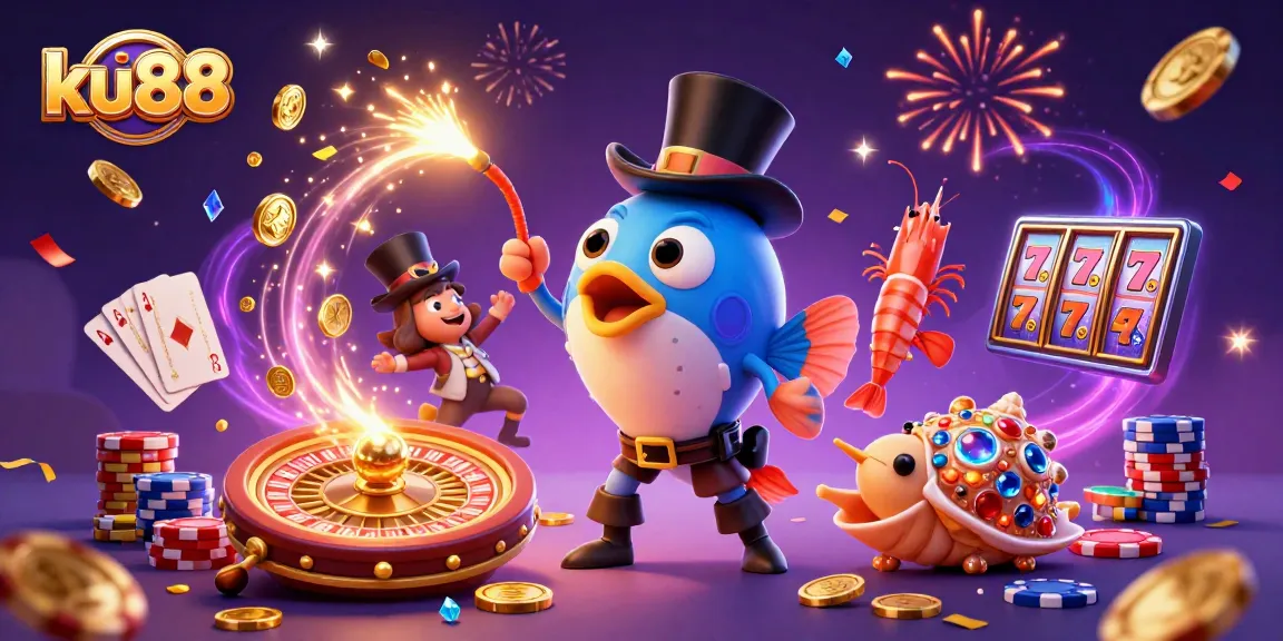 ku88 captures the excitement of gambling with a vibrant 3D casino scene featuring animated sea creatures.