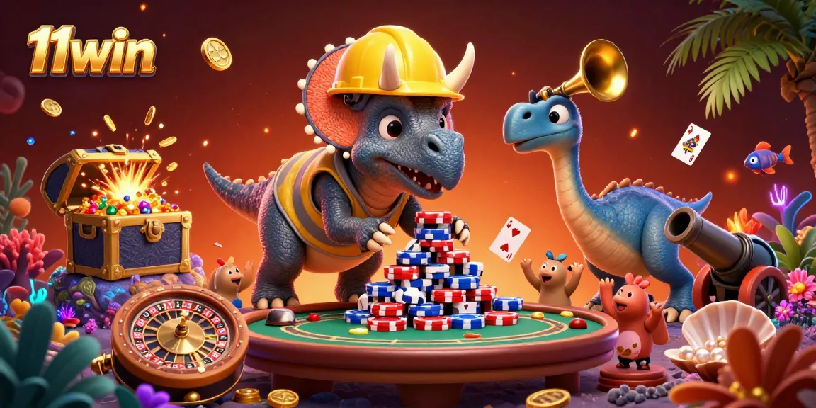 Experience excitement with 11win's vibrant design showcasing dinosaurs celebrating casino wins amidst dynamic gaming elements.