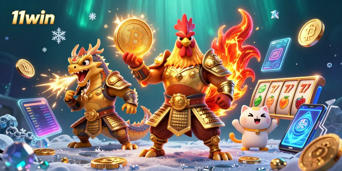 Experience the excitement of 11win as the powerful rooster warrior faces the armored dragon, winning big in this dynamic casino scene.
