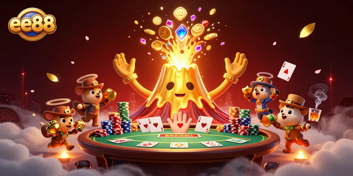 Experience the thrilling treasures of ee88 with a golden volcano erupting coins and lively poker action.