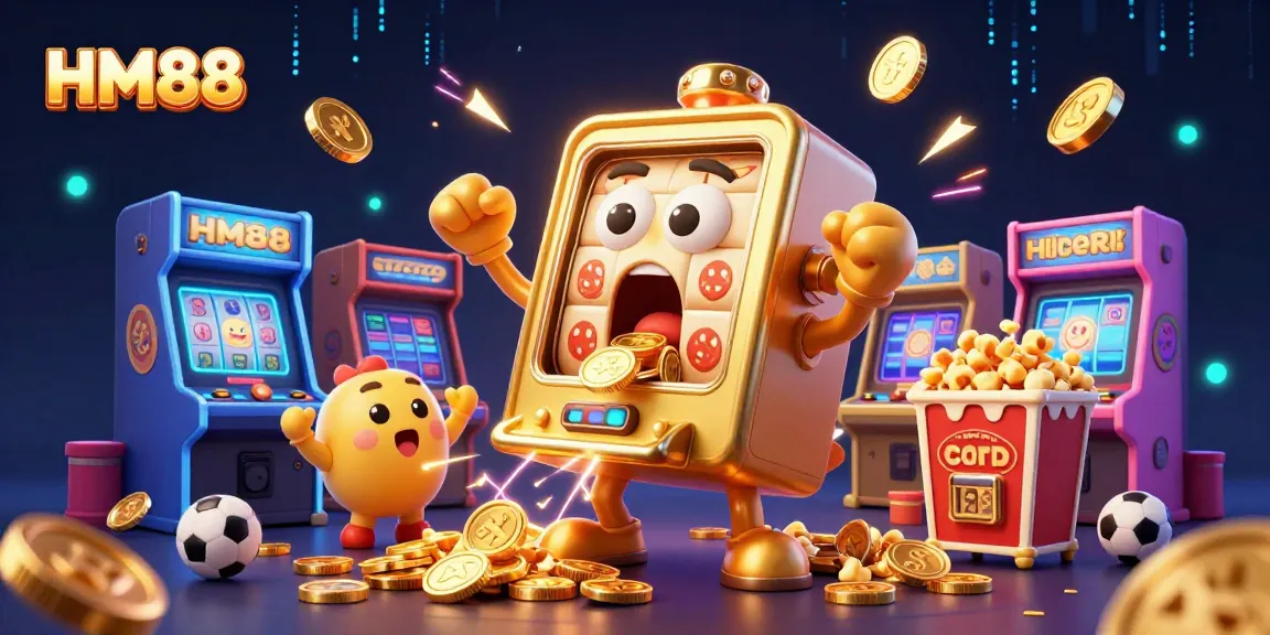HM88 casino illustration showcasing a golden slot machine winning big with cheering side characters and vibrant gaming elements.