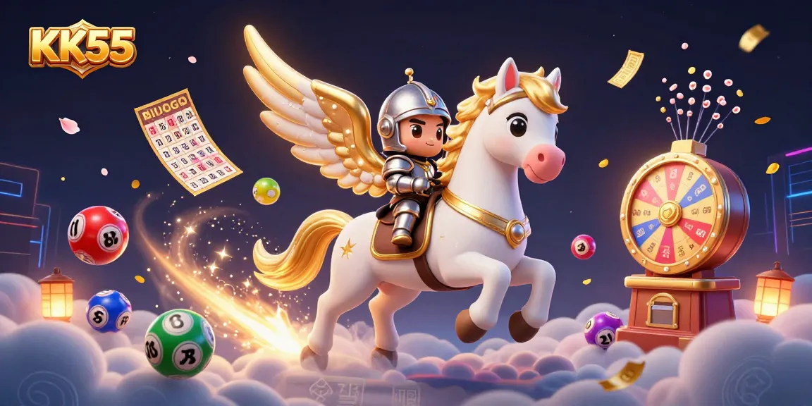 Spin the luck with KK55’s celestial gaming experience featuring vibrant lottery elements and a charming knight.