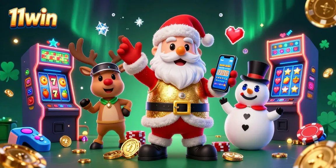 Play exciting jackpot slots at 11win with festive characters in a vibrant casino scene.