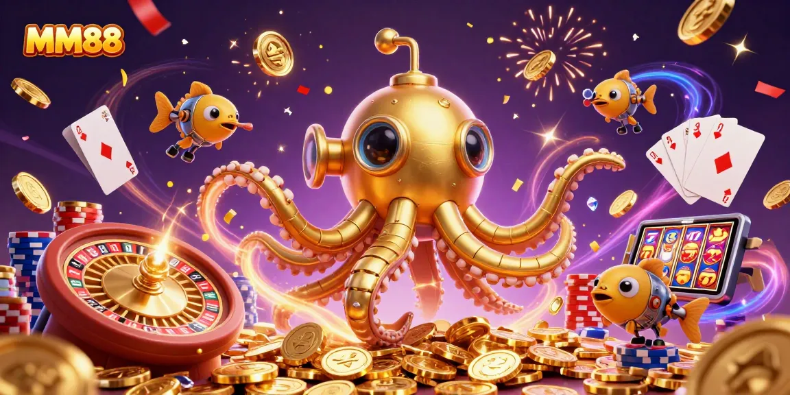 Experience the thrill of MM88 with a golden kraken submarine amidst a celebration of gaming.
